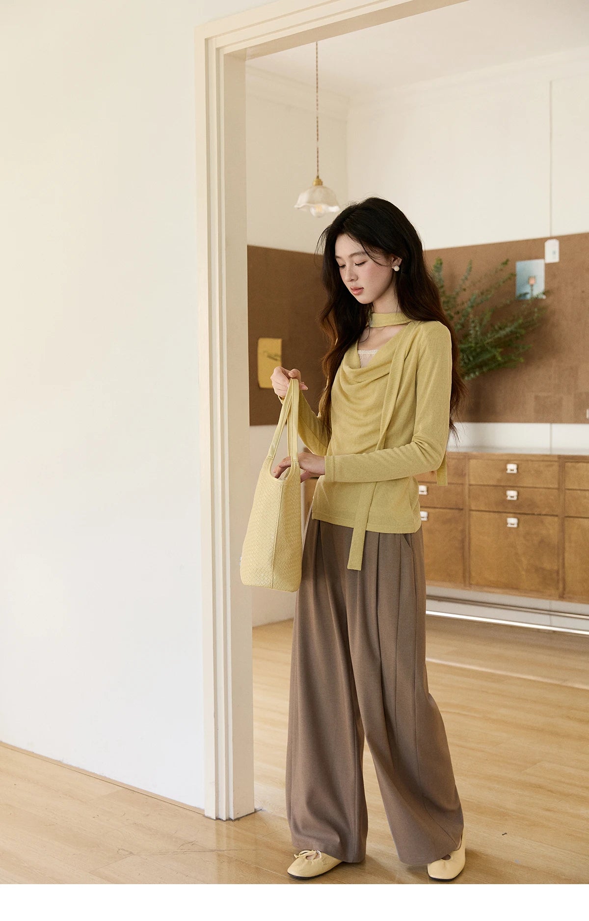 MISHOW Women's Yellow Splicing Lace Long Sleeve Knitted Top Spring Ribbon Draped Collar Casual Slim Thin Sweater MXF108Z1030