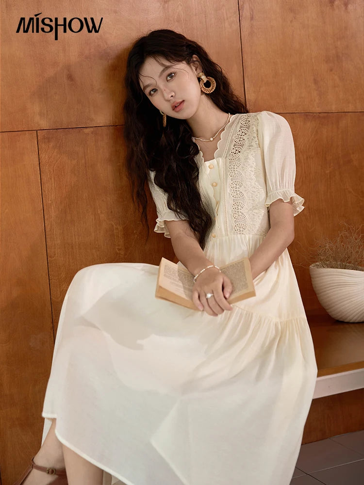 MISHOW Women's French Hollowed Out Embroidery Dress 2024 Summer Elegant Slim Fairycore Dress Waist Mid Length Dresses MXD31L1981