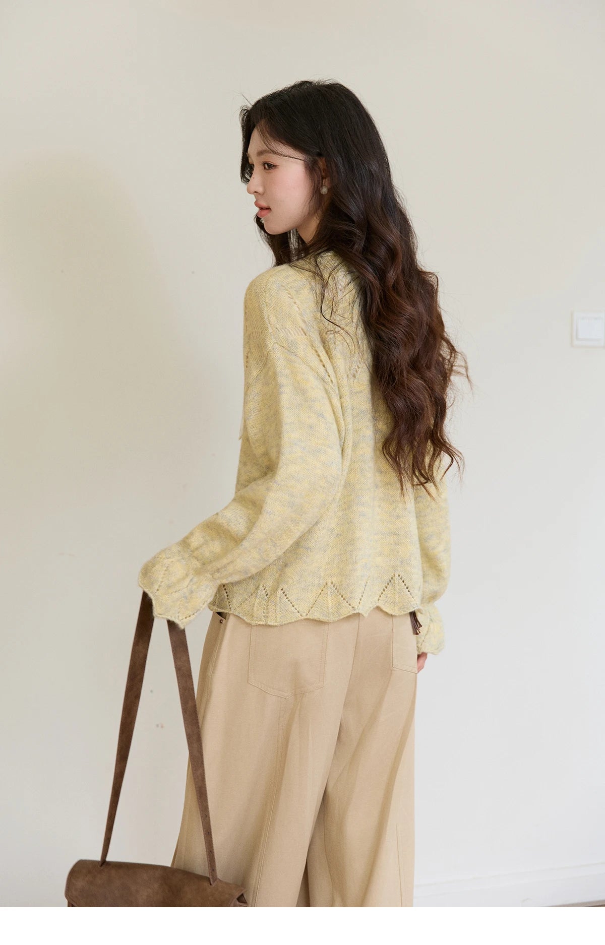 MISHOW Women's Marled Yellow Mohair Knit Cardigan 2026 Spring V-Neck Flare Sleeve Cardigans Casual Loose Sweater MXF108Z1021