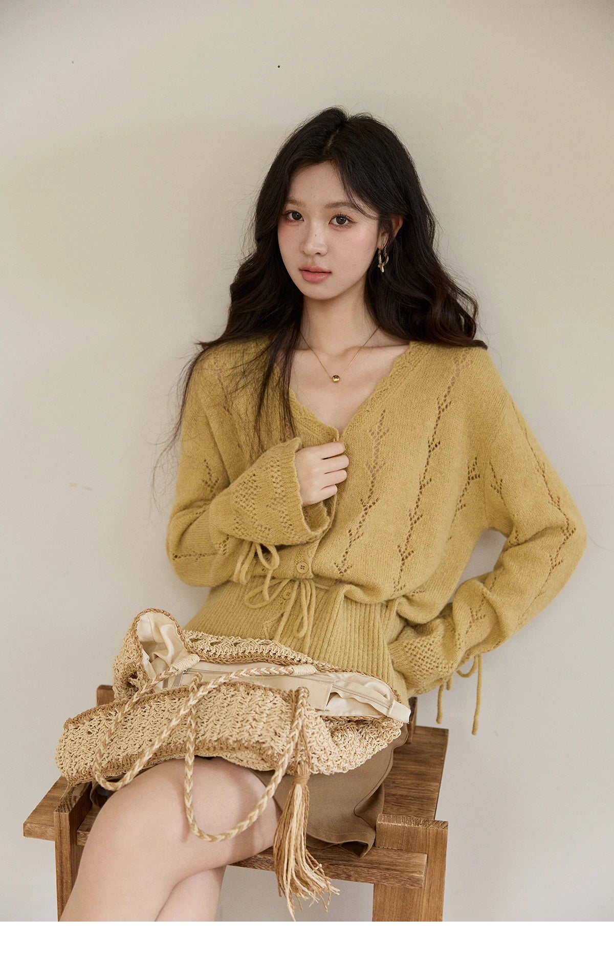 MISHOW Women's Yellow Knitted Cardigan 2026 Spring Hollow Out V-Neck Drawstring Waist Long Sleeve Casual Loose Tops MXF108Z1022