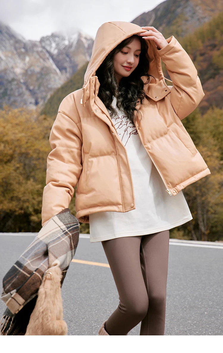 MISHOW Women's Winter Down Jacket 2023 Hooded Short White Duck Down Coats Imitation Protein Leather Puffer Jackets MXC52Y0008