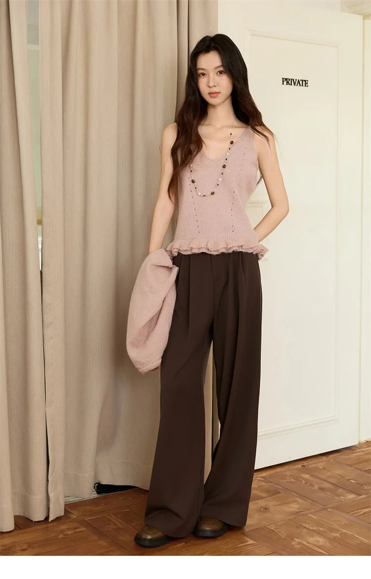 MISHOW Knit Cardigan for Women 2025 Autumn Elegant Pink Crew Neck Cardigan Loose Suspenders Two-piece Suit for Women MXE48T1404