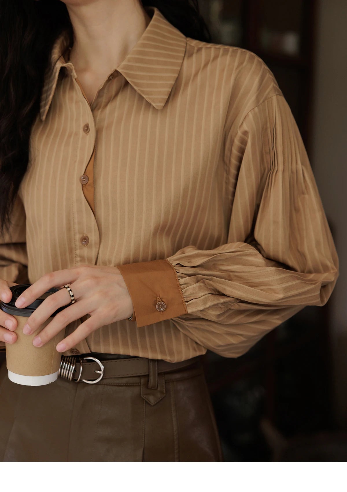 MISHOW Striped Casual Shirt for Women 2024 Autumn Retro Lapel Long Sleeve Top Contrasting Cuffs Shirts Office Lady MXD42C0301