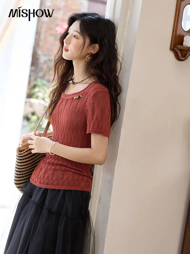 MISHOW Retro Red Hollow Thin Knitted Sweater Shirt for Women 2025 Summer Beads Short Sleeves Knitted Breathable Top MXE35Z1271