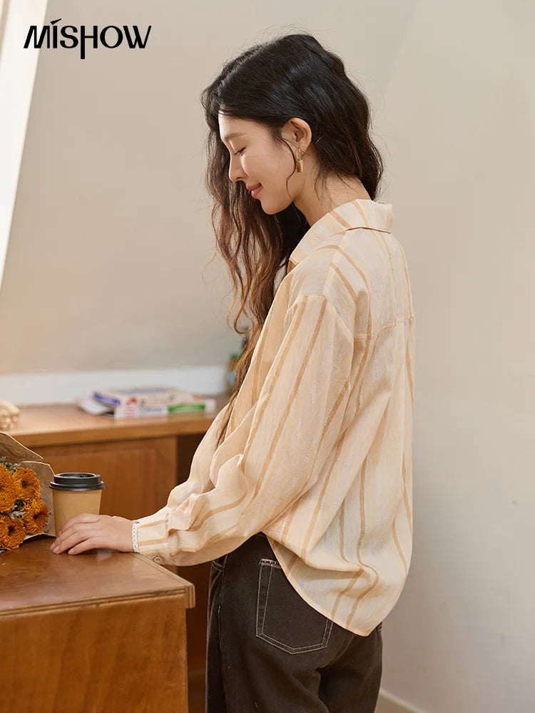 MISHOW Women's Korean Orange Stripe Linen Shirt 2025 Autumn Lapel Collar Lace Trim Cuffs Breathable Shirt Office Lady MXE43C2379