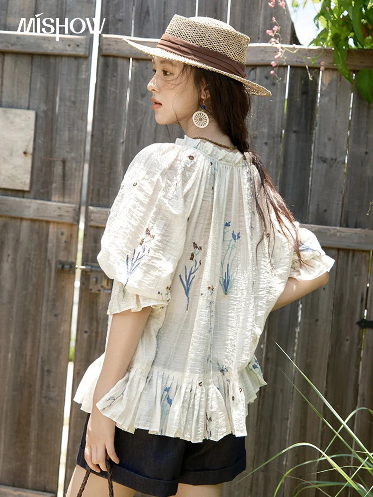 MISHOW Women's V-neck Lace Up Blouse 2025 Summer New Fashion Embroidery Mushroom Edge Commute Top Women's Blouse MXE39X1959