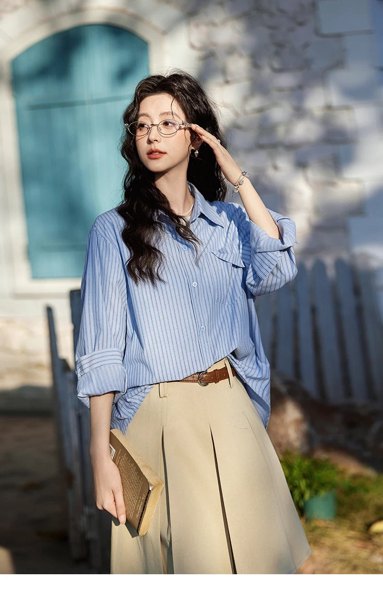 MISHOW Blue Striped Shirt for Women 2025 Spring Versatile Office Lady Tops Pocket Turn-down Collar Long-Sleeve Shirts MXE11C0399