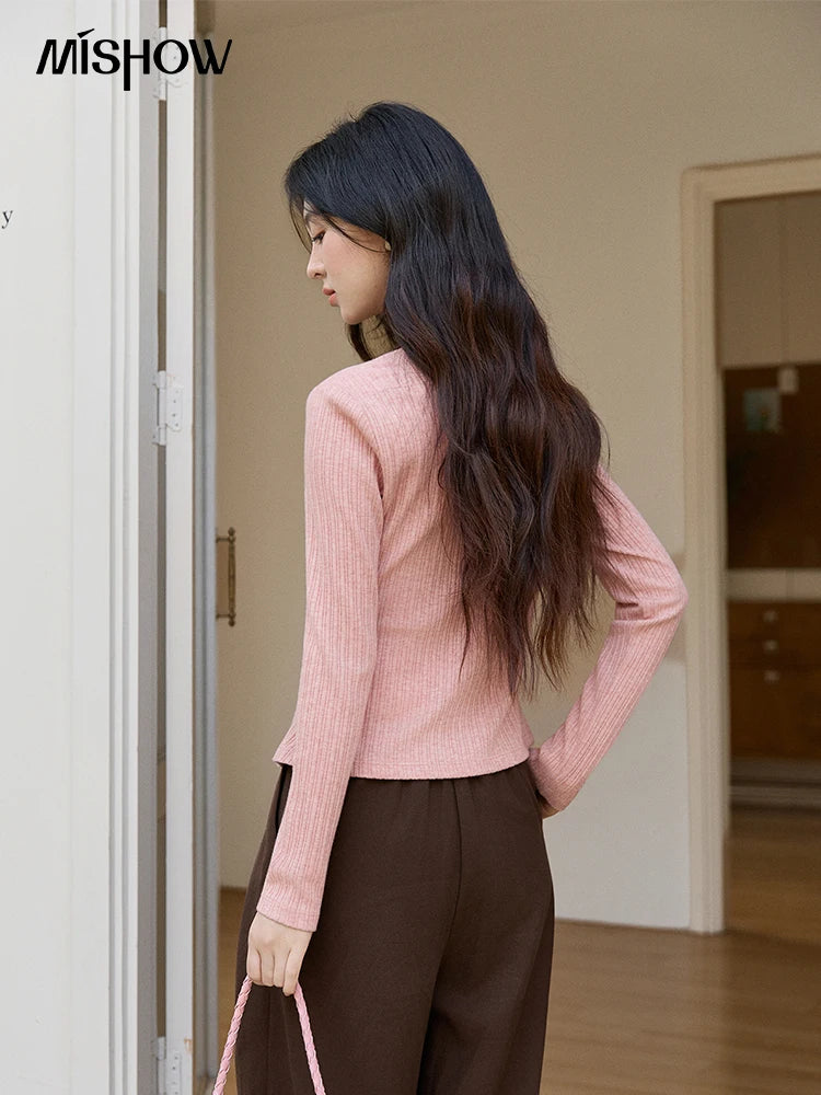 MISHOW Women's Pink Brown Fake Two-Piece Top 2026 Spring Ribbed Knit Knot Front Thin Top U-Neck Long Sleeve Slim Tops MXF11Z2912