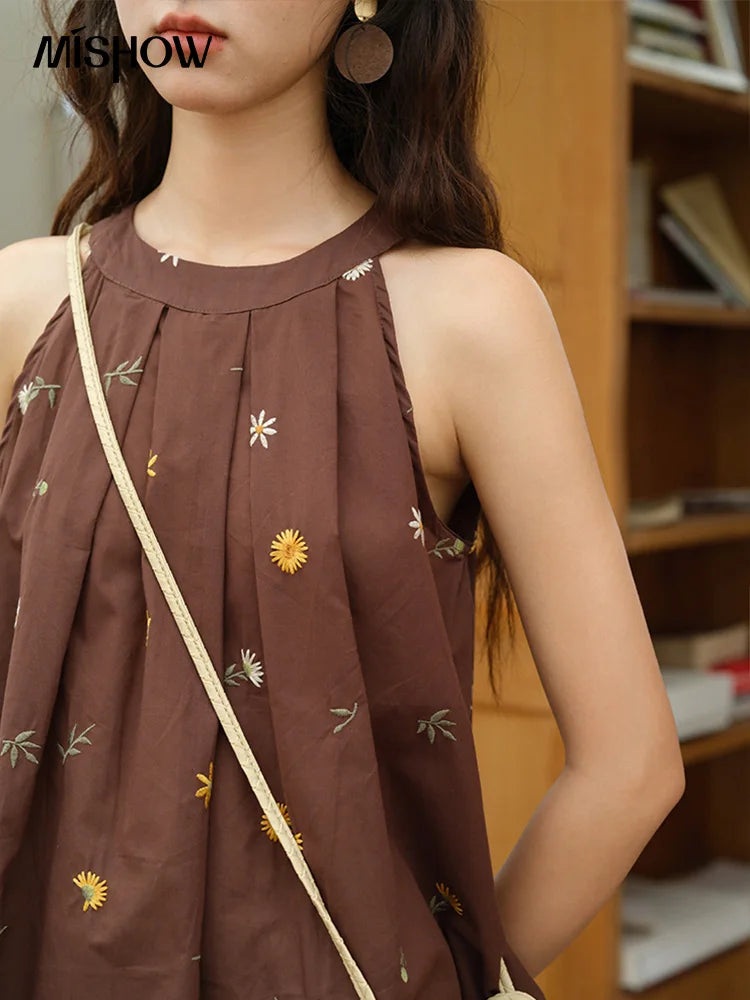 MISHOW Women's Two Piece Set 2025 Summer New Embroidery Hanging Neck Sleeveless Top Retro Khaki Wide Leg Pants Set MXE39T0713