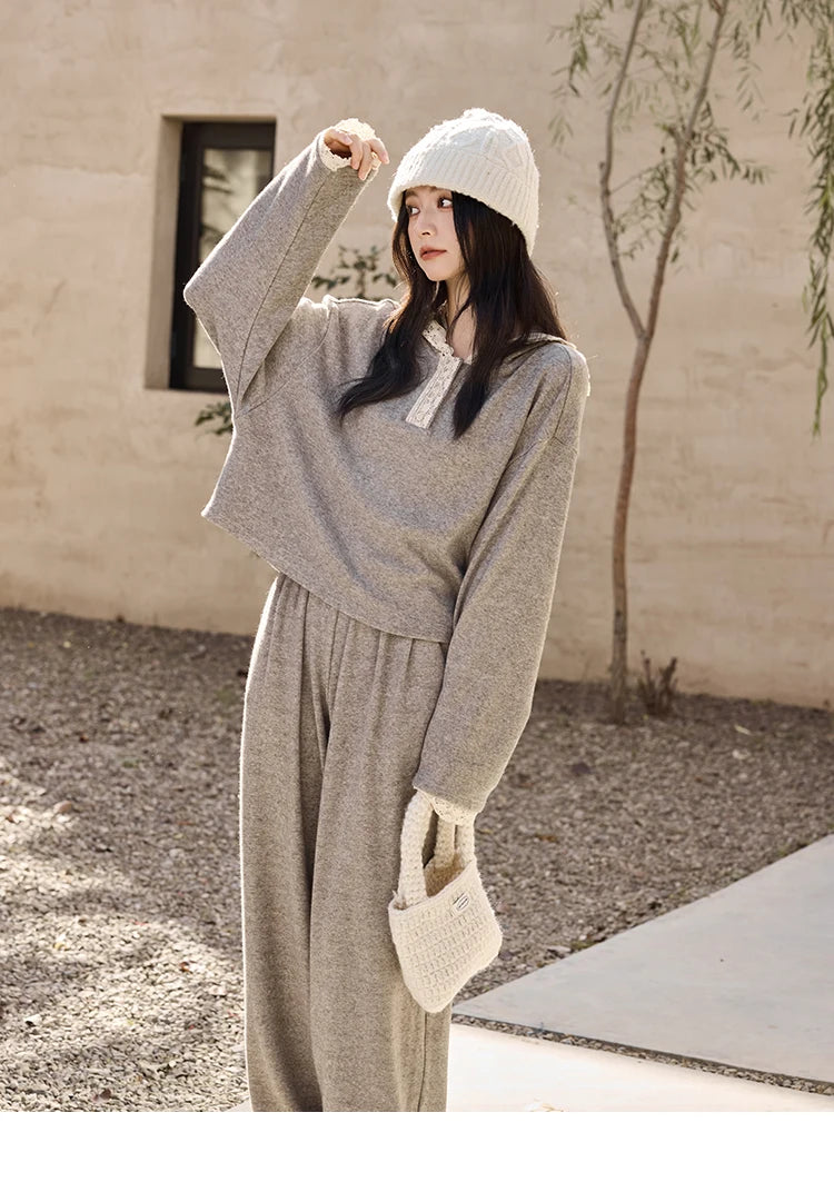 MISHOW Women's Sweatshirt Wide Leg Pants Separately 2025 Fall Winter Lace Splicing Hooded Casual Elastic Waist Pants MXD34V0098