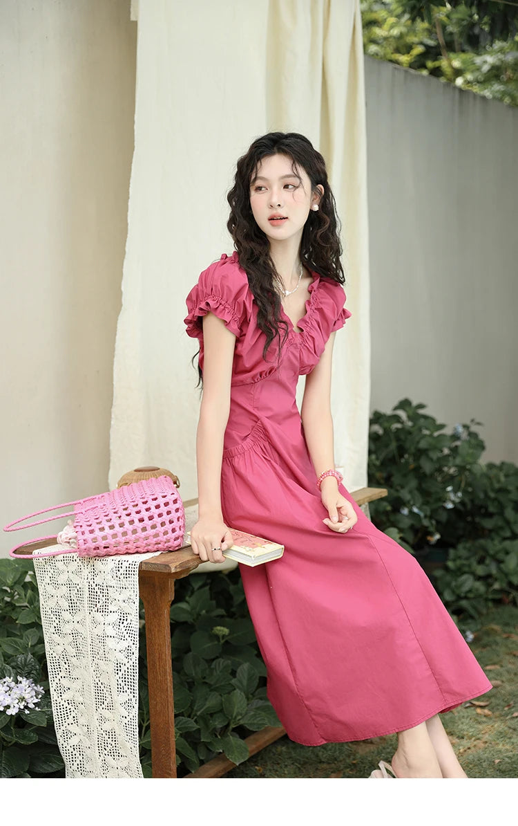 MISHOW Women's 100 Cotton Stringy Selvedge V-Neck Waist Dress 2024 Summer French Symmetric Pocket Mid Length Dresses MXD29L1934