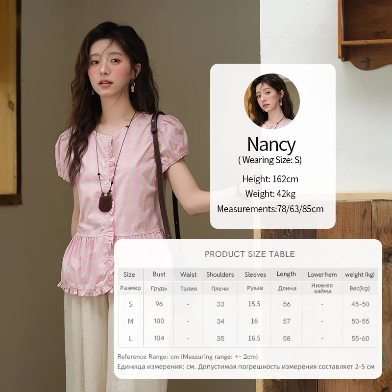 MISHOW Women's Puff Sleeve Plaid Button Shirt 2025 Summer New Fashion O-Neck Wood Ear Casual Shirt Cotton Pink Top MXE39X1932