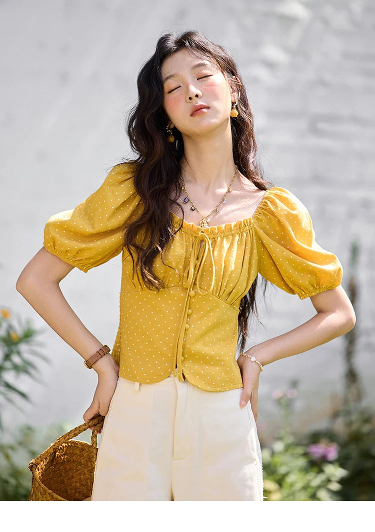 MISHOW Yellow Polka Dot One Shoulder Blouses for Women Summer 2025 Back Elastic Vintage 100 Cotton Top Lace-up Blouse MXE35X1840