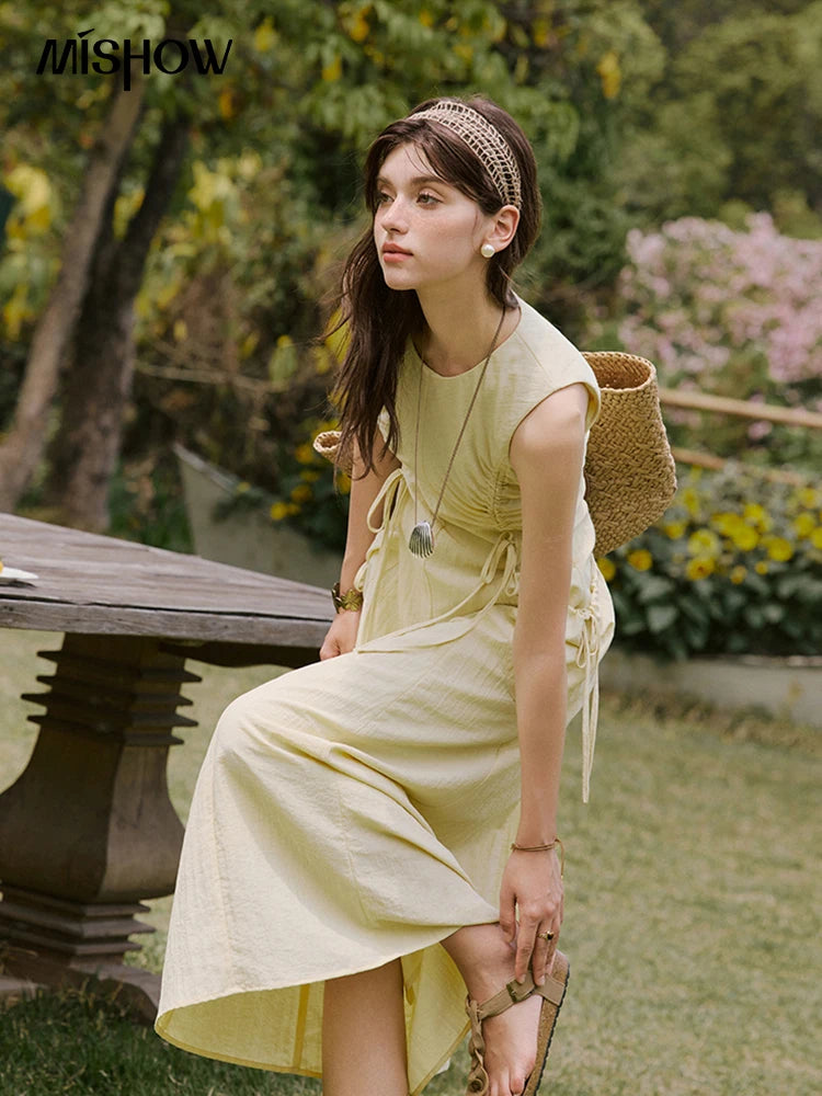 MISHOW Office Lady Summer Dress Women New 2025 Sleeveless Round Neck Drawstring Waist with Pockets Slim Dresses Woman MXE34L2228