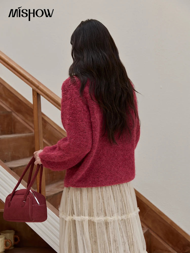 MISHOW Pink Lace Wool Sweater for Woman 2025 Winter Sweet Style V-neck Pullover Casual Loose Lantern Sleeve Sweater MXE51Z2632