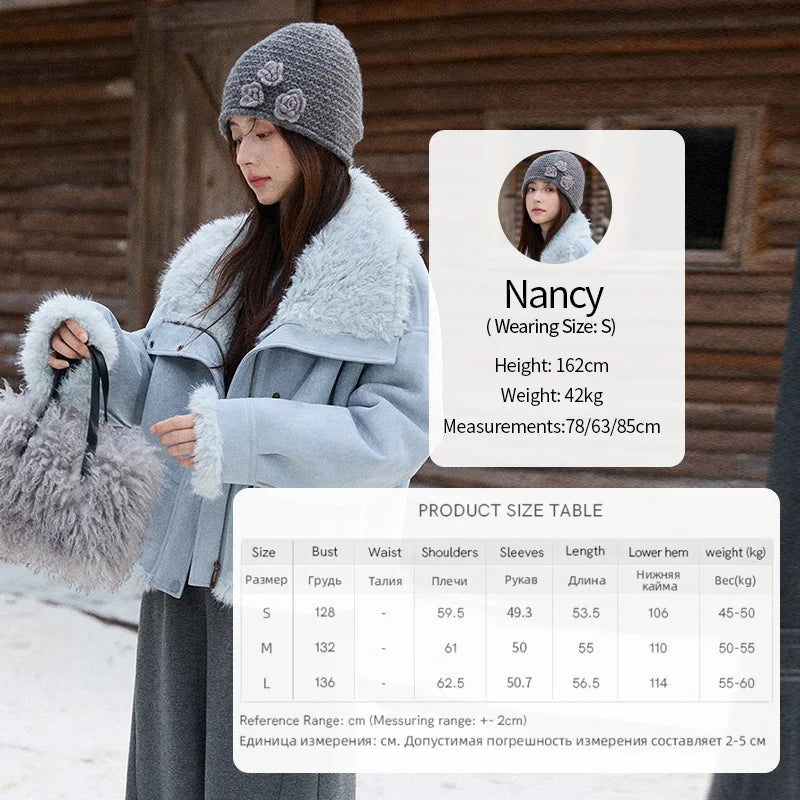 MISHOW Women's Blue Jacket 2025 Winter Blue Plush Turn-down Collar Zip-up Coat Fashion Casual Warm Loose Coat Woman MXE87W0917