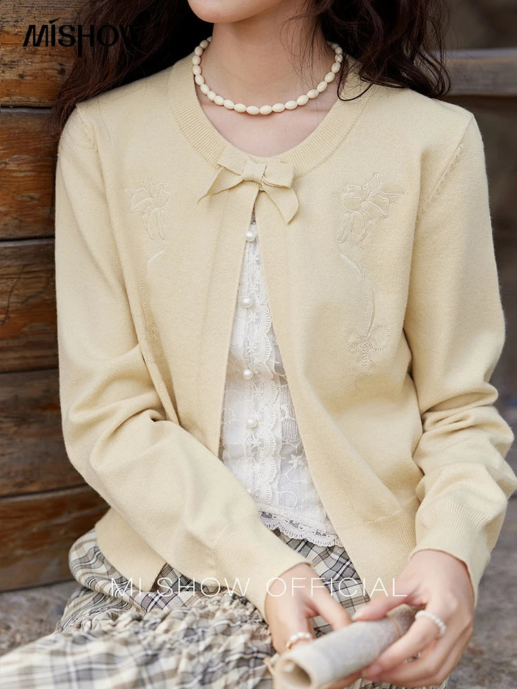 MISHOW Iris Embroidery Round Neck Cardigan for Women Spring 2025 Loose Knitted Thin Bow Design(Not Include Lace Vest) MXE13Z1142