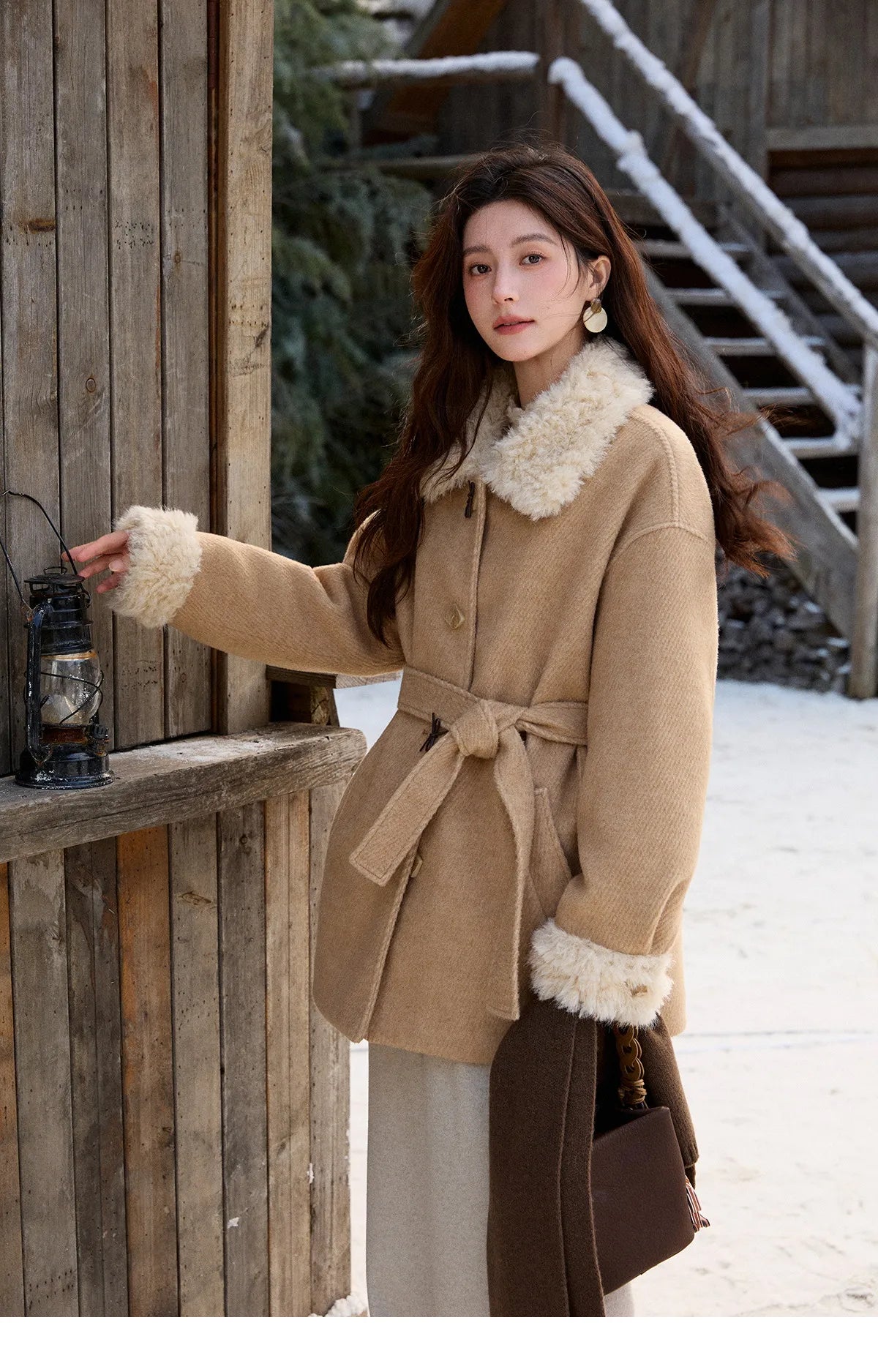 MISHOW Women's Thick Wool Blend Coat 2025 Winter Korean Retro Fleece Patchwork Coats Belted Lapel Elegant Overcoat MXE92W0997