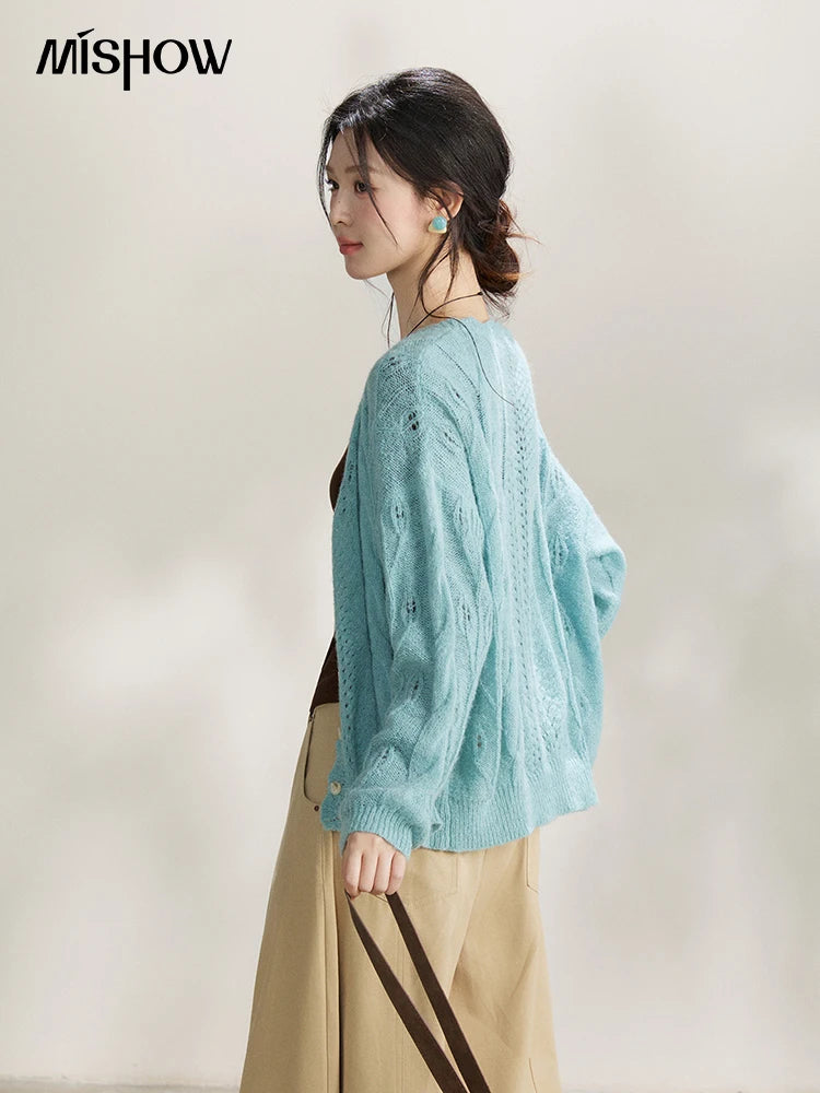 MISHOW Women's Blue Hollow Out Knit Cardigan 2026 Spring V Neck Wool Blend Tops Single Breasted Casual Thin Sweater MXF13Z2975