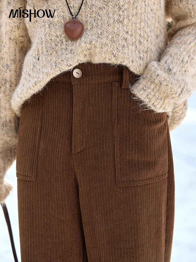 MISHOW Corduroy Pants High Waist Straight Pants Pocket Design Velvet Inside Comfortable Touch Slim Fit Office Lady MXD55K0813