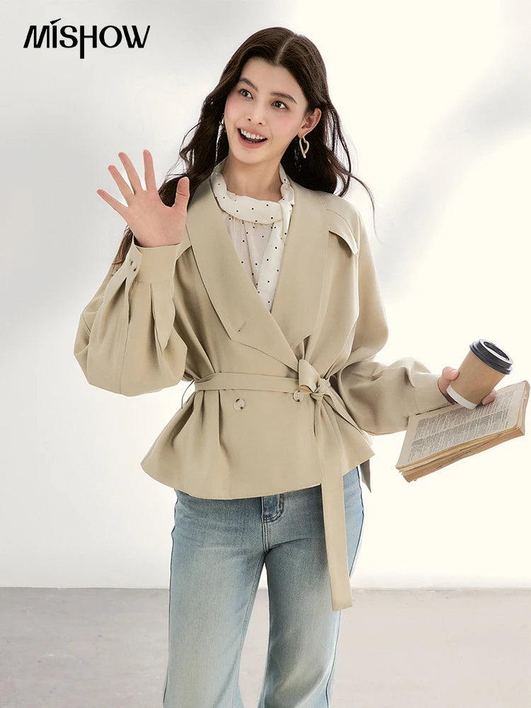 MISHOW Women's Khaki Belted Waist Coat 2026 Spring Lapel Double-breasted Coats female Casual Short Jacket Office Lady MXF13W1056