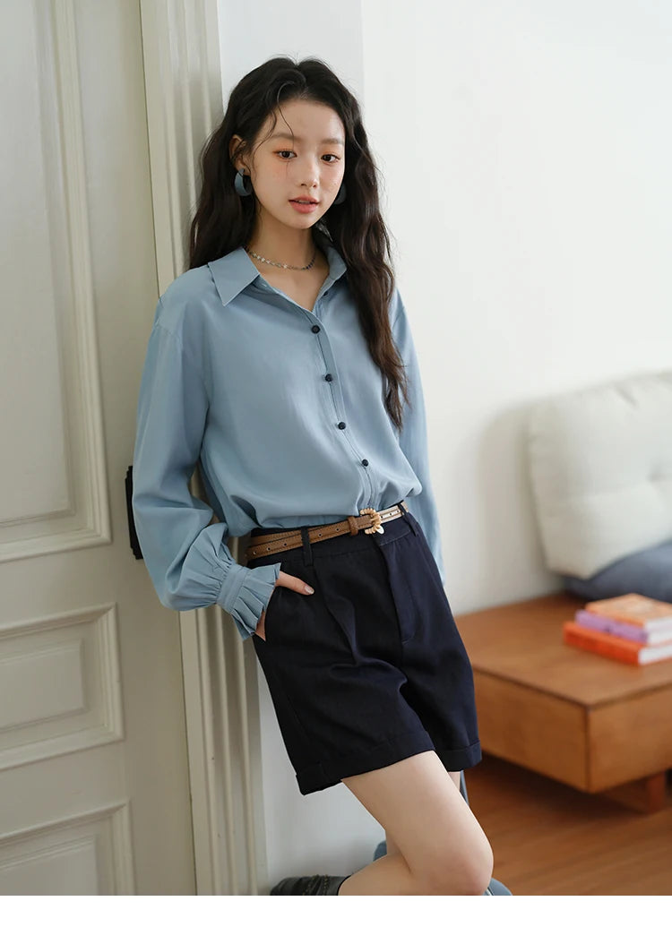 MISHOW Women's Shirts 2025 Autumn Color Blocking Buttons Pleated Cuffs Loose Top Female Solid Lapel Commuting Shirts MXE41C2352