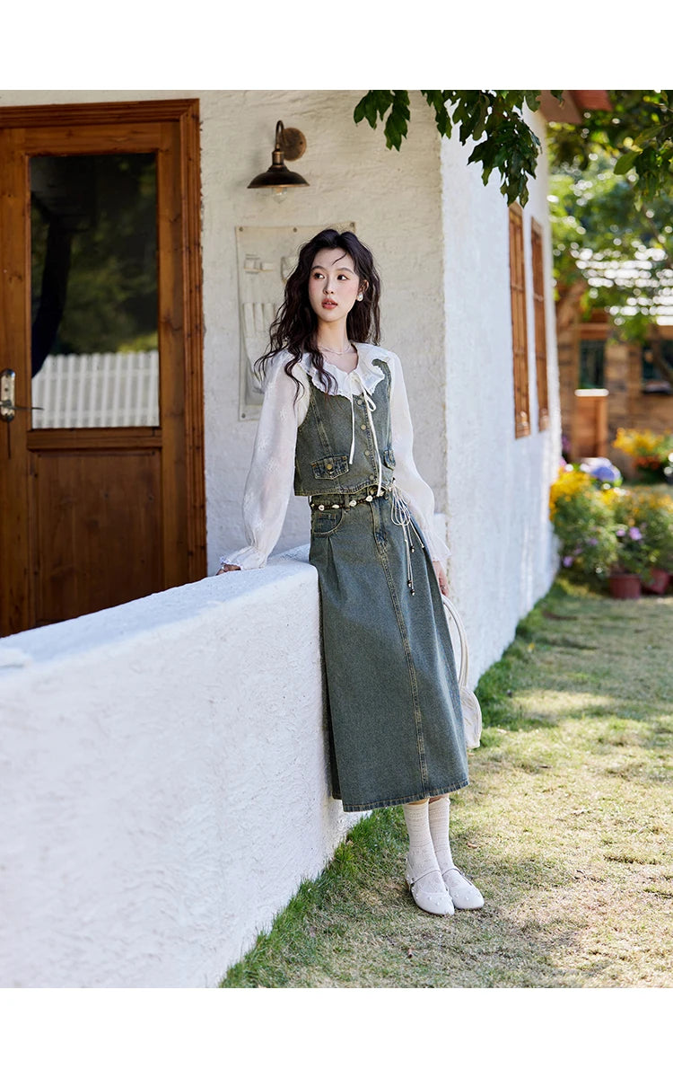 MISHOW Denim Vest Coat Midi Skirt Separately for Women Spring 2025 Korean Retro Washed Cotton Coat Slim A-line Skirt MXE13W0731