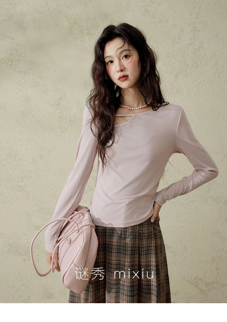 MISHOW Women's Knitted Long Sleeved T-shirt 2025 Spring Outfit Irregular Hollow Neck Tees Slim Solid Color Casual Top MXE13Z1116