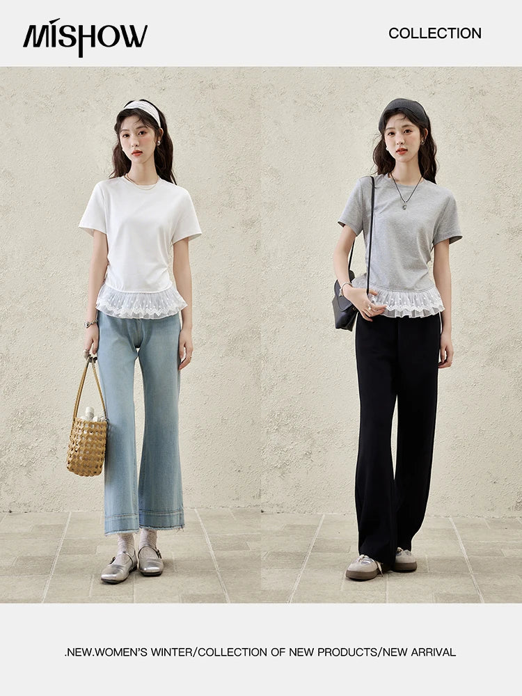 MISHOW Lace Hem Splicing T-shirt for Women Spring/summer 2025 Round Neck Versatile Top Streetwear Solid Casual Tees MXE31T0528