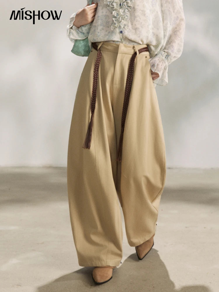 MISHOW Women's Khaki Wide Leg Pants 2026 Spring High Waist Belted Pants Rear Fake Pocket Design Casual Loose Trousers MXF13K1237