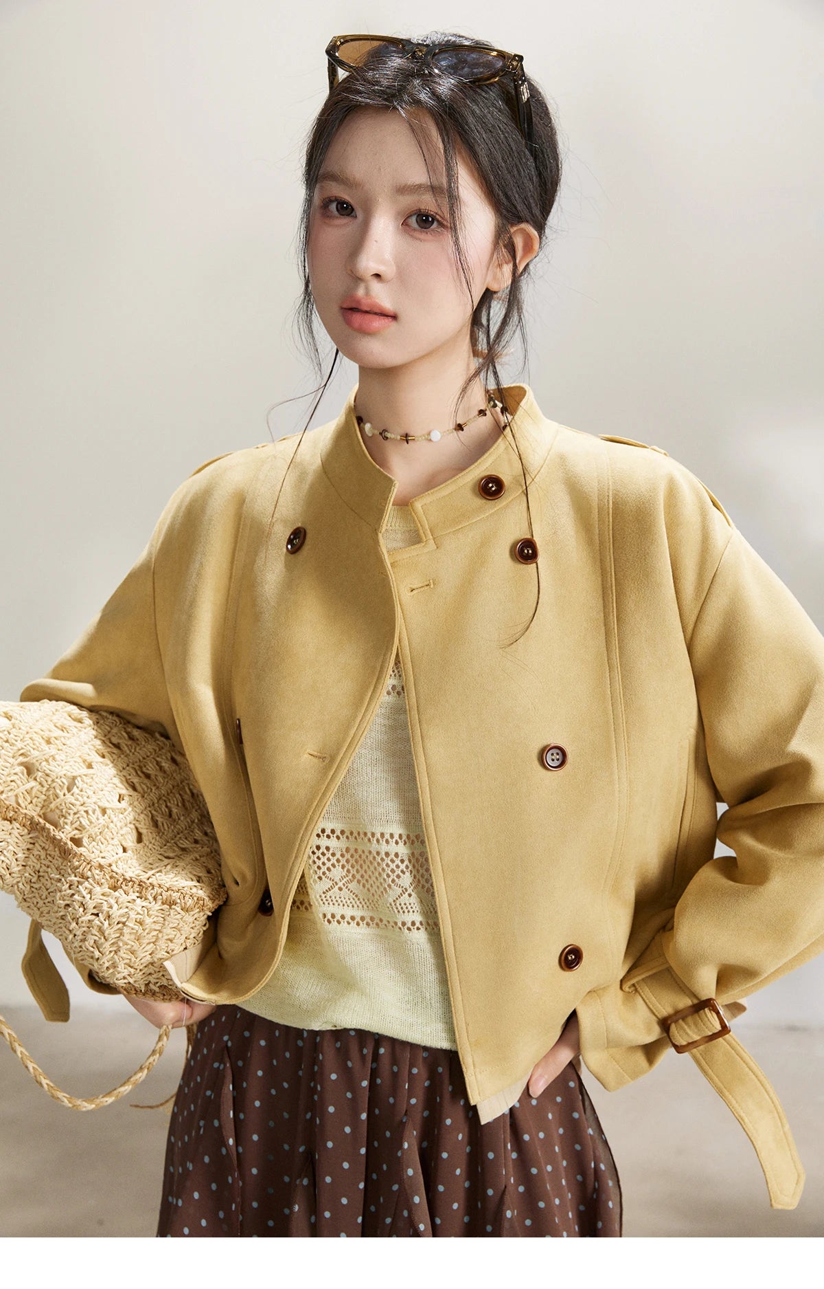 MISHOW Women's Yellow Double-Breasted Trench Stand Collar Coat Adjustable Cuffs Splicing Striped Hem Casual Outerwear MXF11W1026