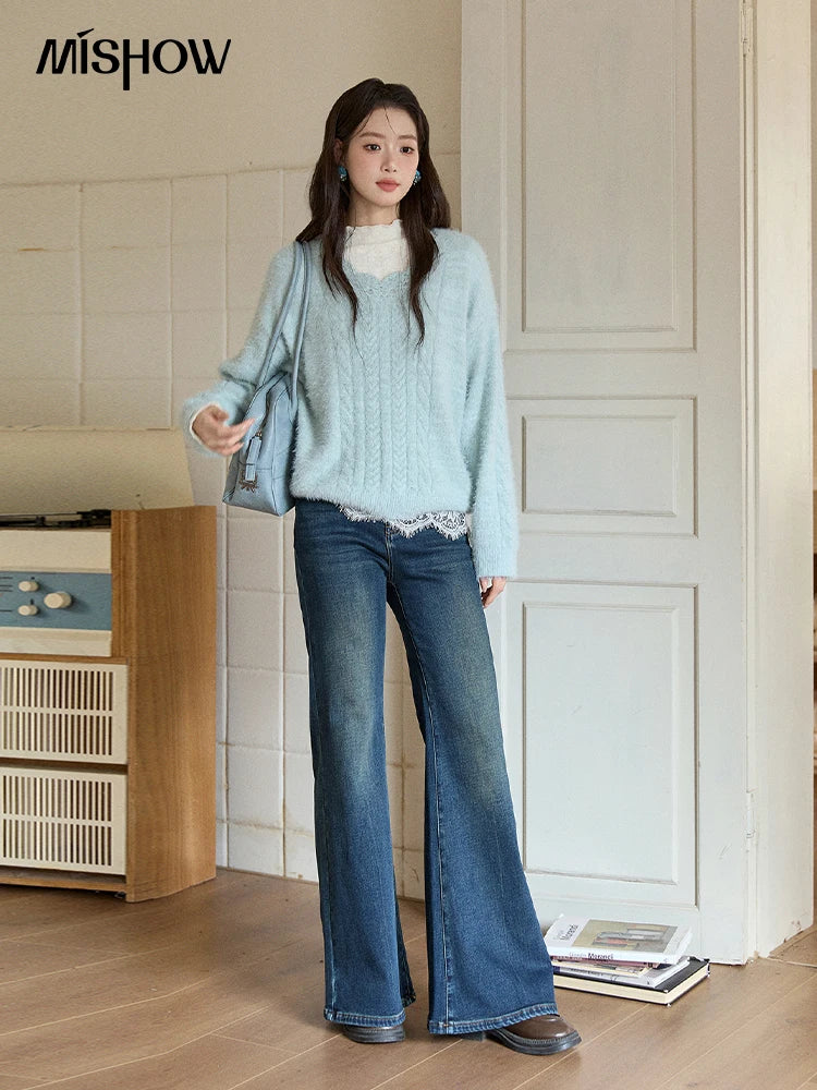 MISHOW Women's Jeans 2025 Autumn Winter Denim Blue Flared High Waist Slim Jeans New Retro Commute Wide Leg Trousers MXE51K1092