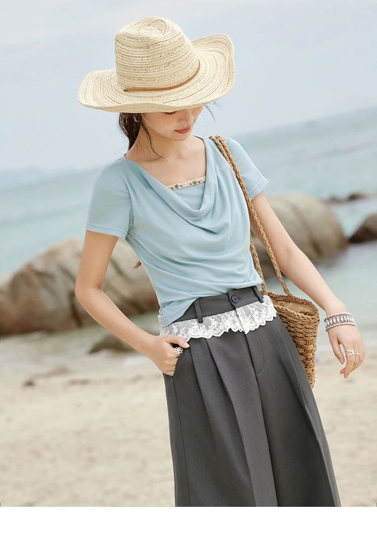 MISHOW Casual Summer Shirts Women 2025 Fashion Short Sleeve Swing Collar Solid T-shirt Female Slim Shell Ribbon Tops MXE33T0524