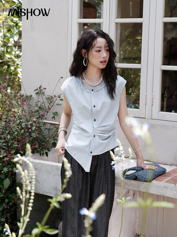 MISHOW Women's Casual Round Neck Shirt 2025 Summer New Office Lady Slim Shirt Sleeveless Button Top Female Clothing MXE38X1864