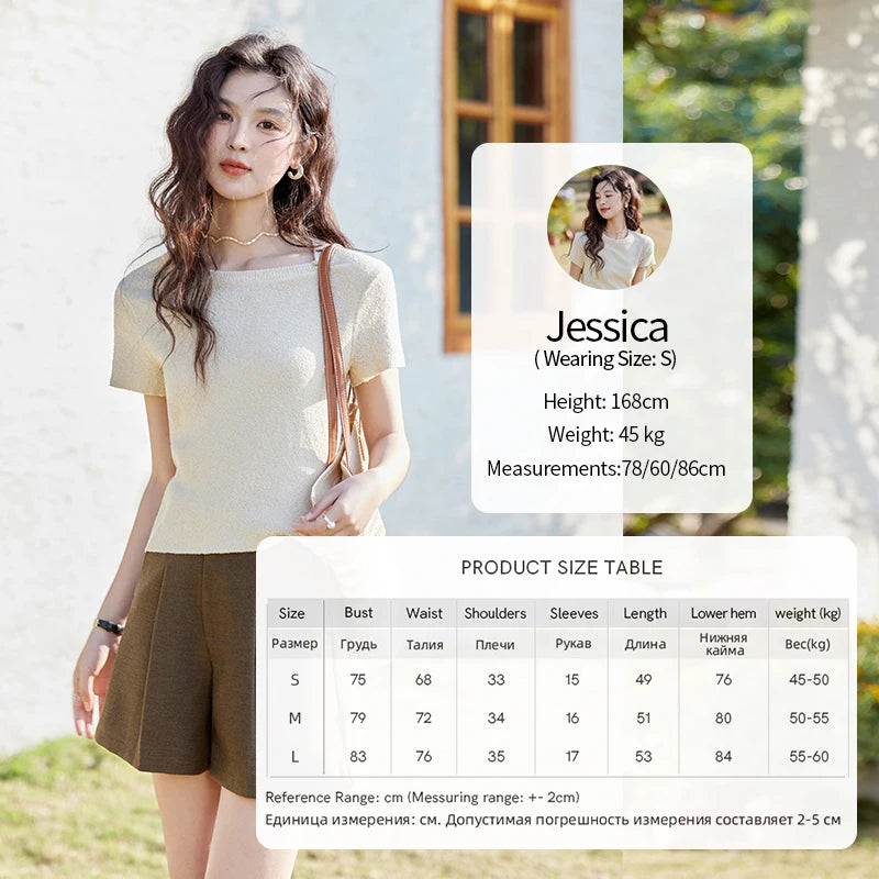 MISHOW Women's Short Sleeved Knitted T-shirt Spring 2025 Korean Minimalist Back Hollowed Out Pearl Buckle Design Tees MXE13Z1072