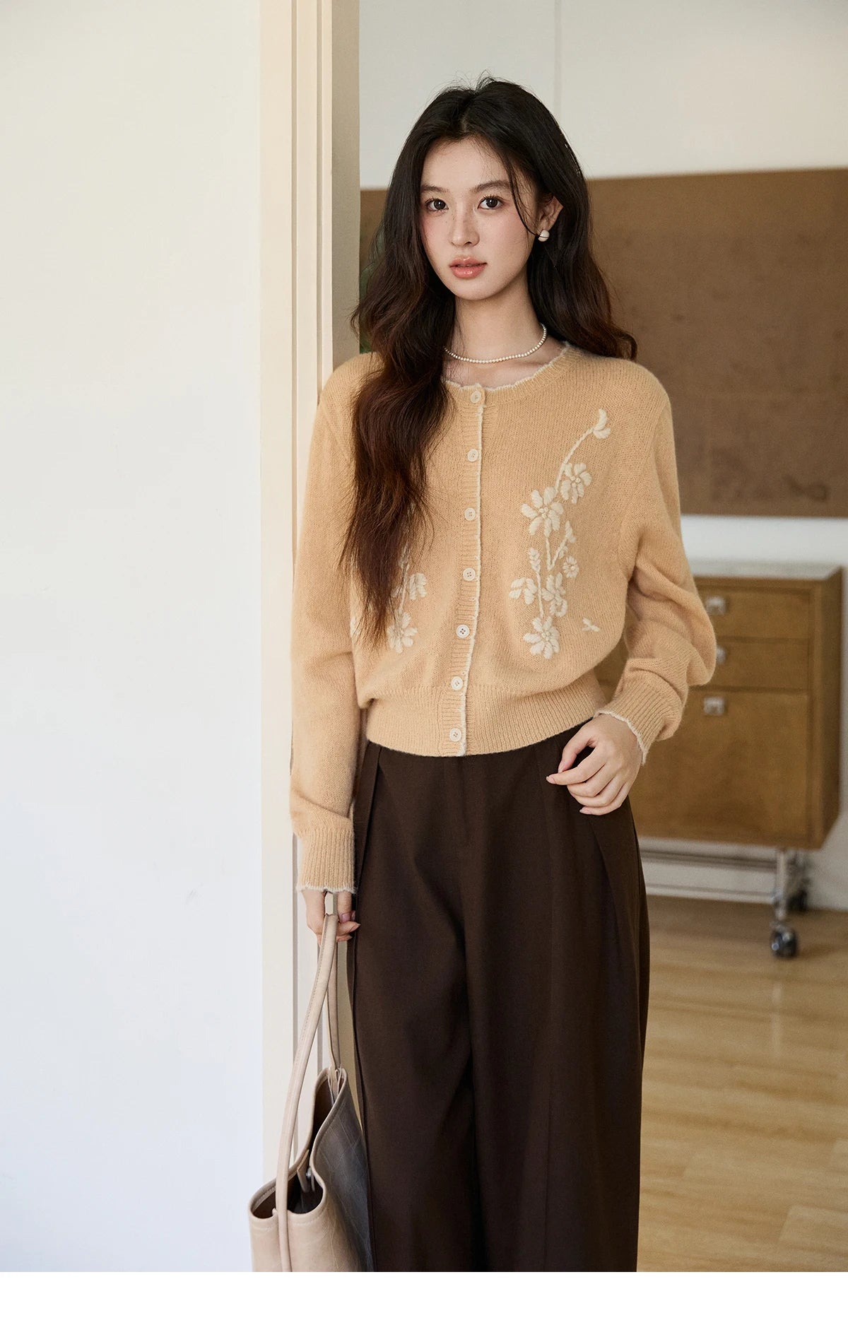 MISHOW Women's Camel Knitted Cardigan 2026 Spring Floral Embroidery Crew Neck Tops Button Warm Loose Cropped Sweater MXF11Z2896