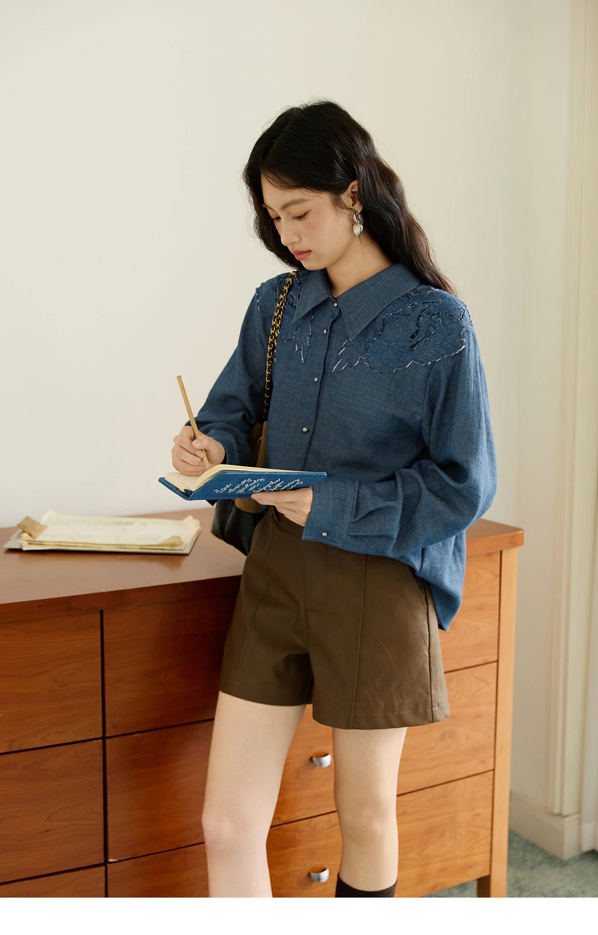 MISHOW Women's Blue Shirt Autumn 2025 Hollowed Out Patchwork Embroidery Tops Imitation Denim Fabric Loose Retro Shirt MXE46C2410