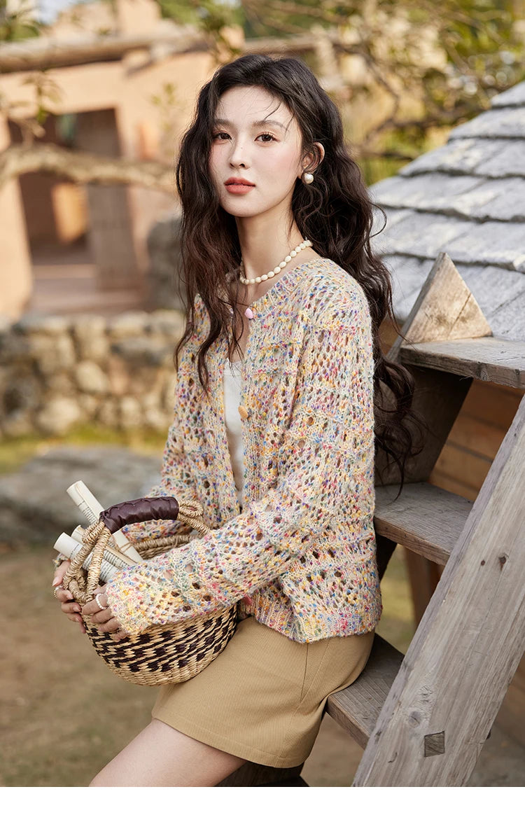 MISHOW Women's Sweet Woven Hollow Knitted Cardigan 2025 Spring Rainbow Button Single Breasted Top O-neck Cardigan MXE13Z1110