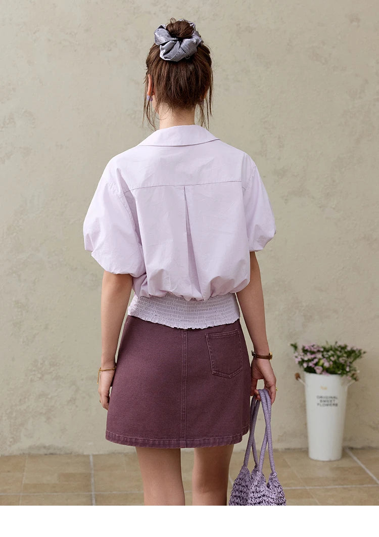 MISHWO Office Lady Solid Blouses Women Summer New 2025 Short Sleeve Turn-down Collar Purple Cotton Shirts Female Thin MXE32X1794