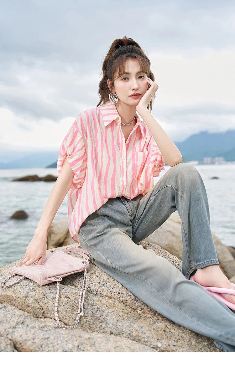 MISHOW Women's Striped Shirt 2023 Summer Korean Loose Puff Sleeve Polo Neck Pocket Casual Tops STRAIGHT Office Lady MXC38C0072