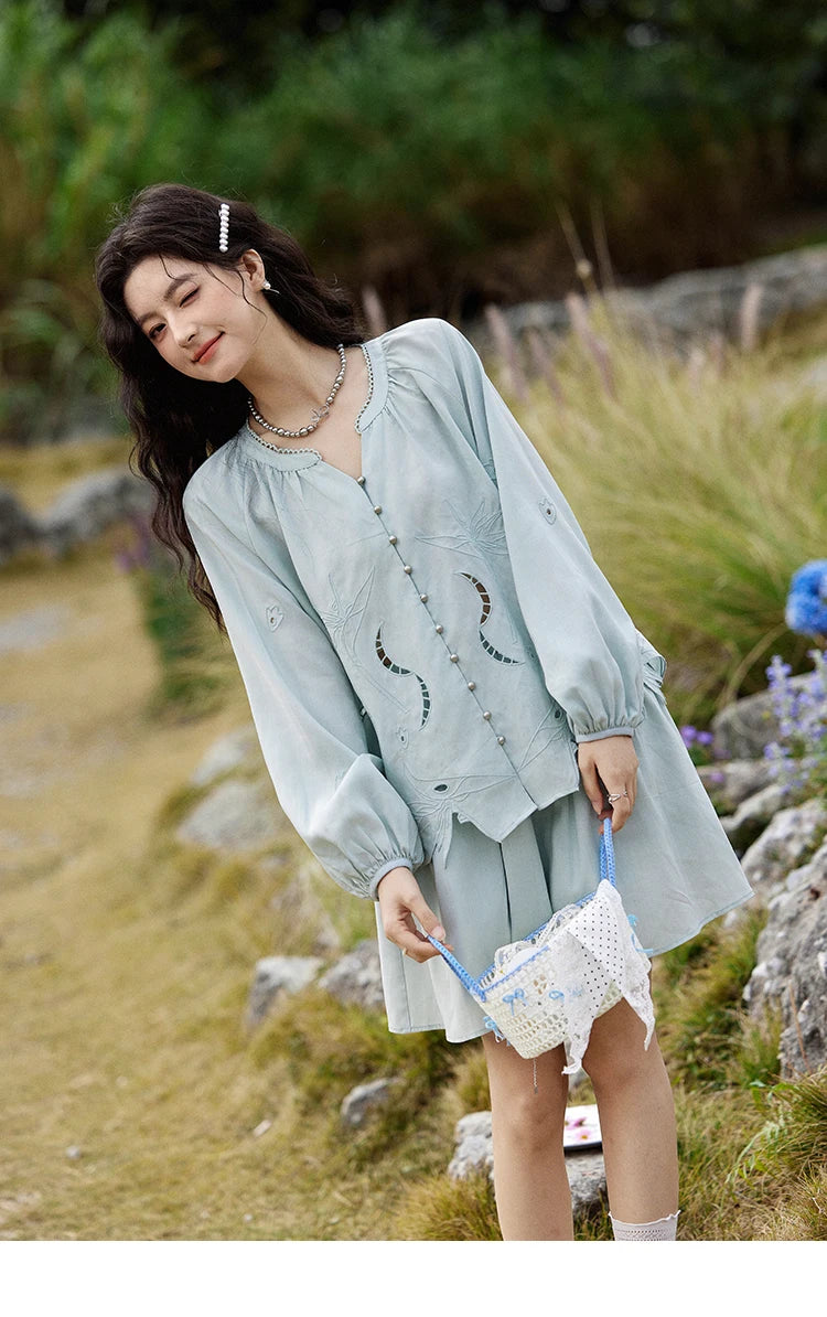 MISHOW Women's Sweet Blouses A-line Skirts Set Vintage Hollow Out Embroidery Loose Shirt Solid Skirt Two-piece Set MXE12T0455