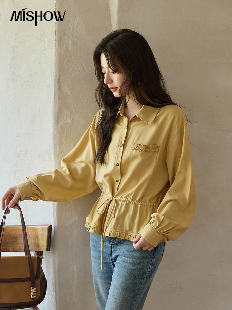 MISHOW Autumn French Drawstring Waist Shirt 2025 Yellow Hem Lotus Leaf Top Female Lapel Lantern Sleeve Commuter Shirt MXE42C2368