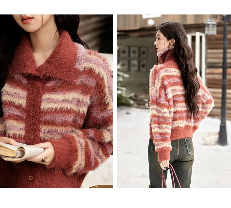 Mishow Red Striped Faux Mink Fur Stand Collar Cardigan MXD59Z1005