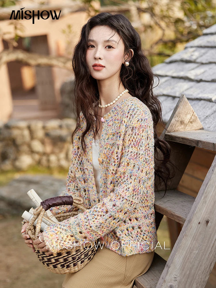 MISHOW Women's Sweet Woven Hollow Knitted Cardigan 2025 Spring Rainbow Button Single Breasted Top O-neck Cardigan MXE13Z1110