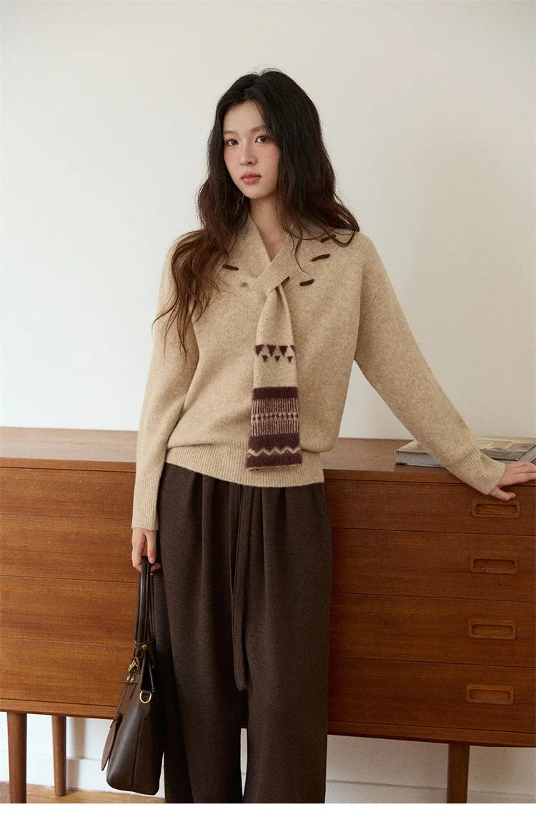 MISHOW Women V-neck Knit Top 2025 French-style Elegant Workwear Long-sleeved Yellow Pullover Women's Winter Clothing MXE87Z2771