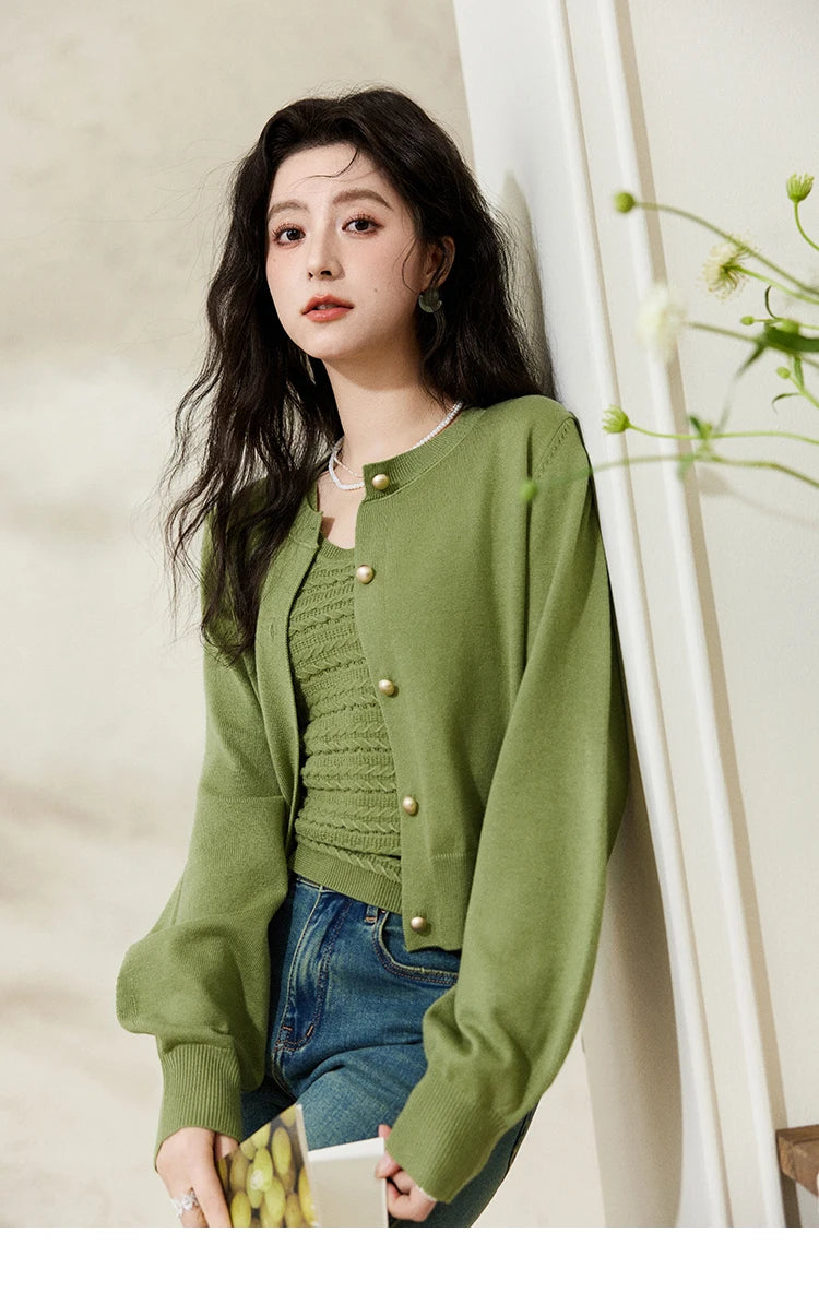Mishow Avocado Green Metal Button Crochet Cardigan MXE11Z1188