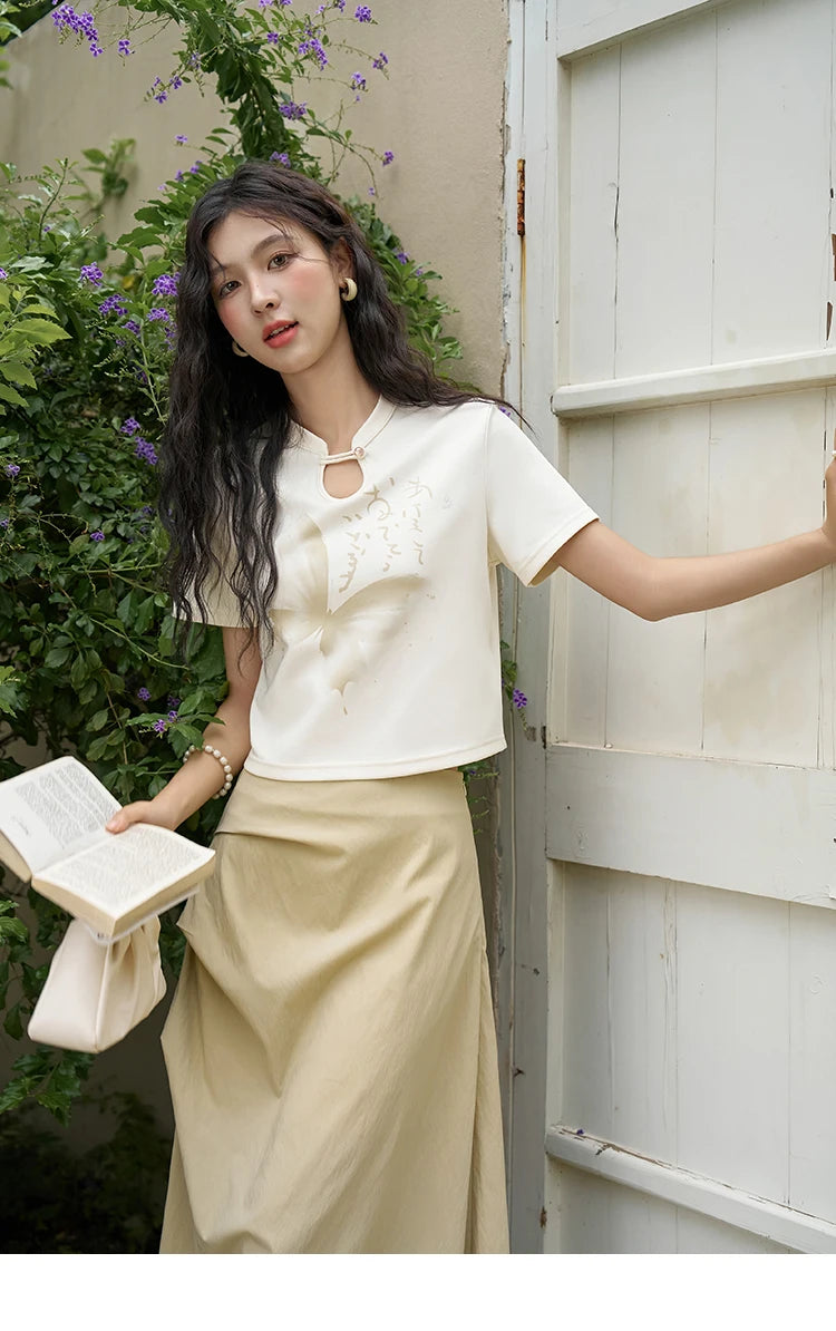 MISHOW Chinese Stand Collar Top Pleated Skirt Separately 2024 Summer Short Ink Painting Printed T-shirt A-line Skirt MXD27T0272