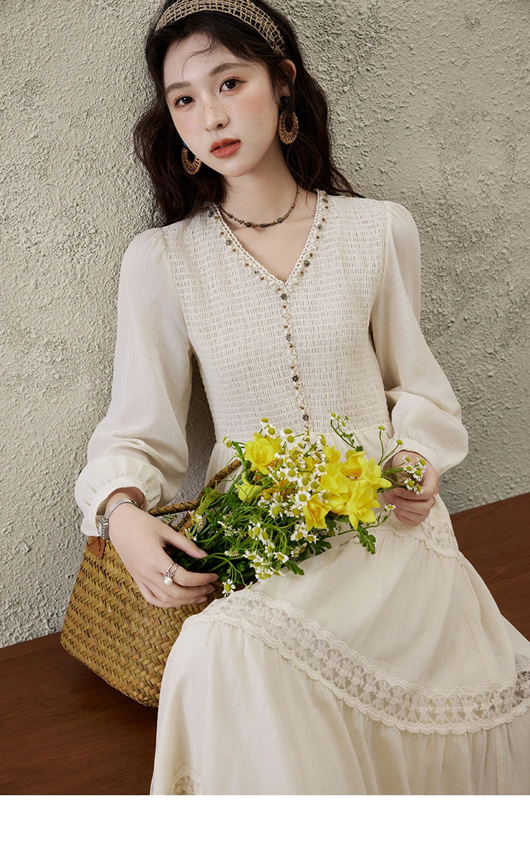 MISHOW Apricot Vacation Dress for Women Spring 100 Cotton Splicing Lace Retro Dress V-neck Waist Slim Long Dresses MXE16L2168