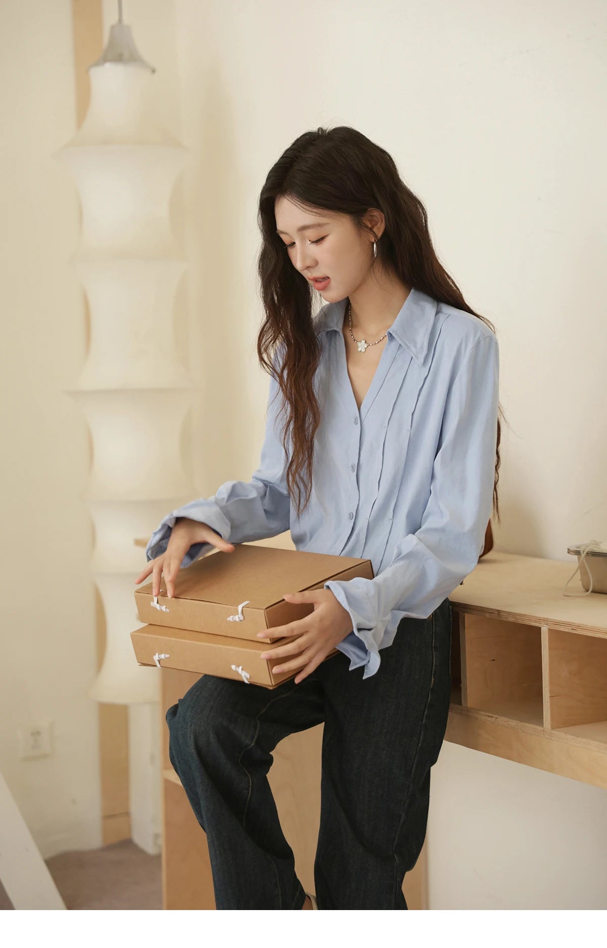 MISHOW Blue Peach Skin Velvet Shirt for Women Autumn 2025 Lapel V-neck Shirts Female Pleated Cuffs Tops Office Lady MXE44C2392