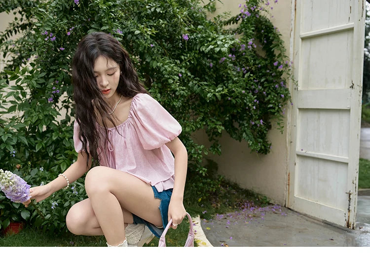 MISHOW French Square Neck Tied Lantern Sleeve Blouses 2025 Summer Double Layered Hem Puff Sleeve Solid Sweet Tops MXD26X1551